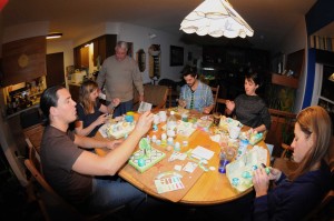 Everyone coloring eggs.