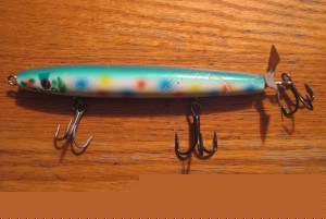 The lure Bobby gave me, with 3 different hooks--the front was the original, the back 2 replaced.